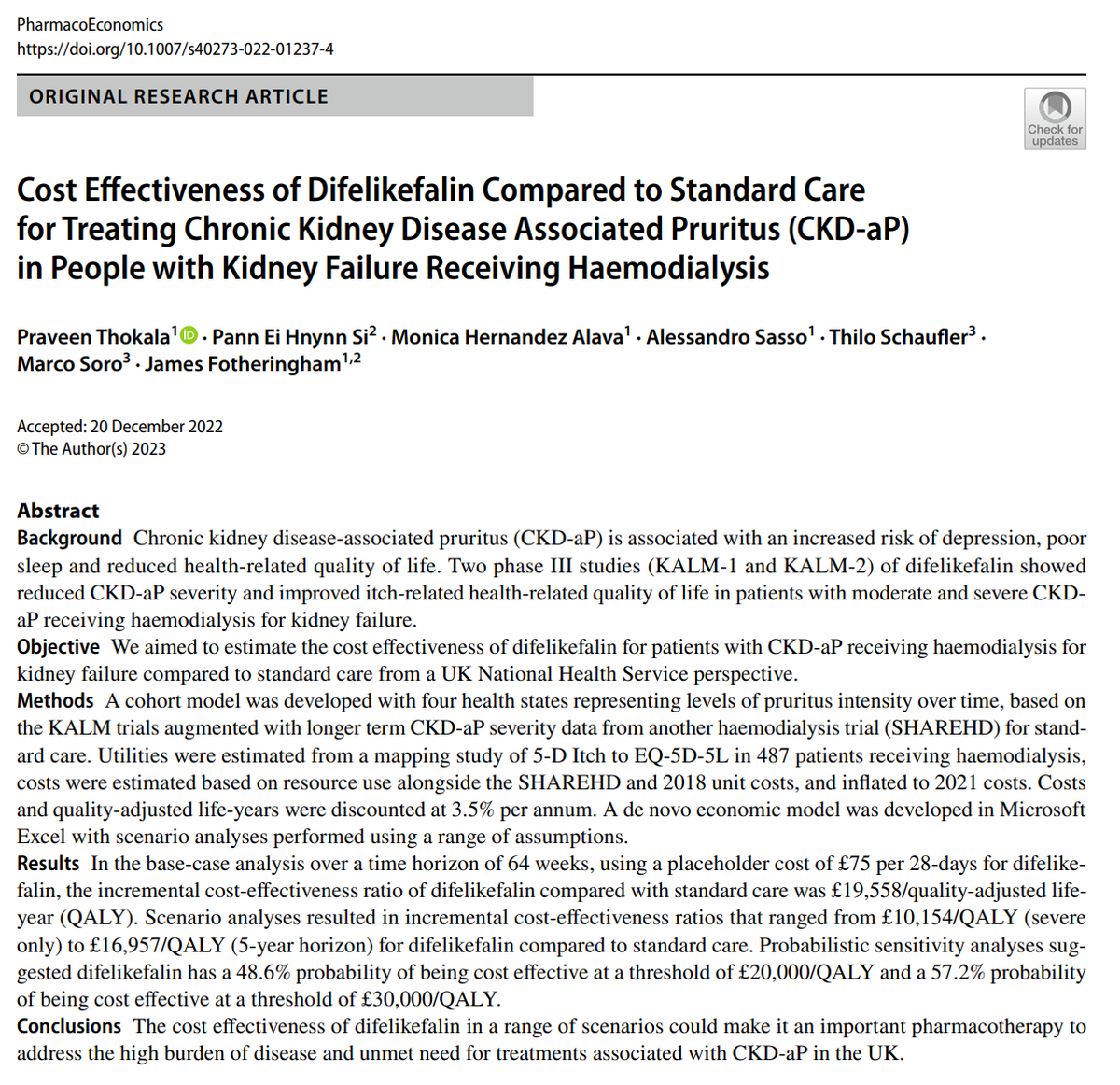 Itching (pruritus) in kidney disease is common, extremely unpleasant and a priority for those receiving dialysis. Importantly, we’ve shown it’s cost-effective to treat itching using Difelikefalin, the only licenced treatment, in a UK setting 👉link.springer.com/article/10.100…