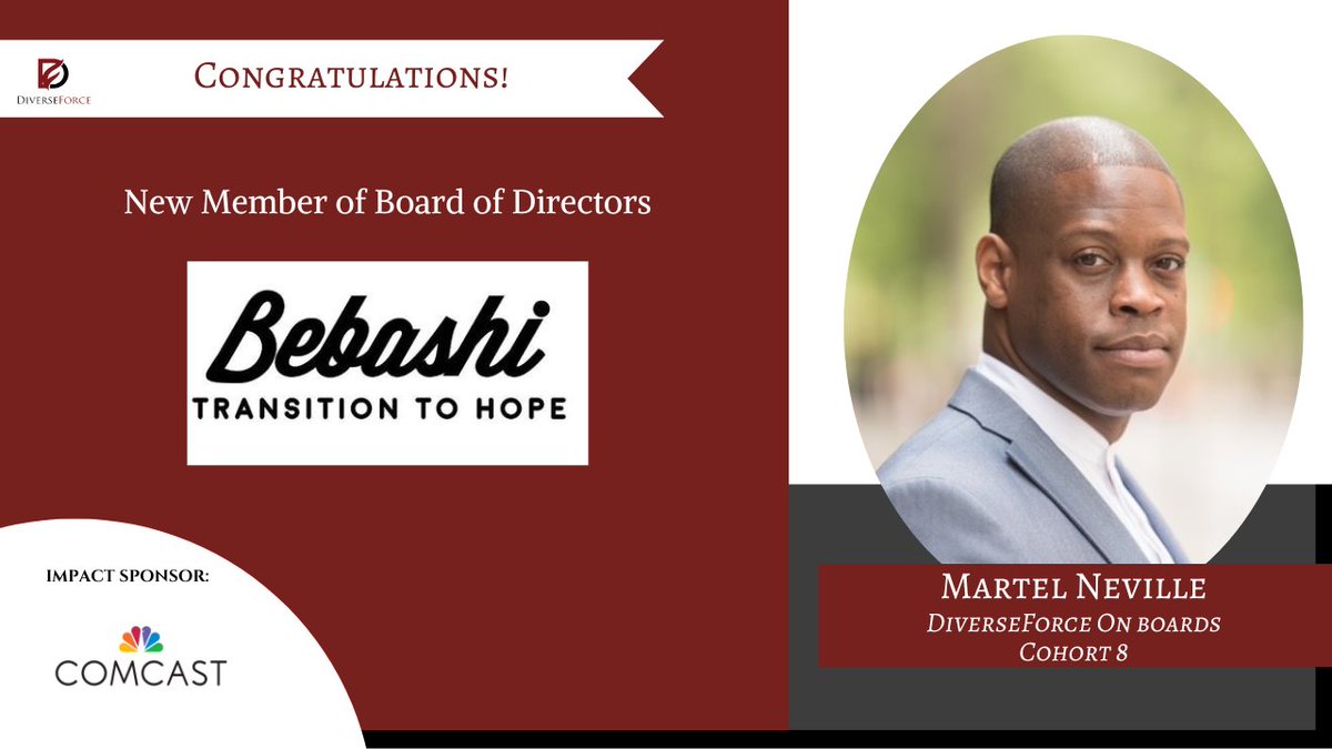 DiverseForce's tweet photo. Huge congratulations to Martel Neville, an alumnus of our @DiverseForce On Boards Cohorts 8, for becoming a recent addition to the Board of Directors for @bebashi - Transition to Hope.
#DiverseForce #DiverseForceOnBoards https://t.co/vlG1x1AHzA