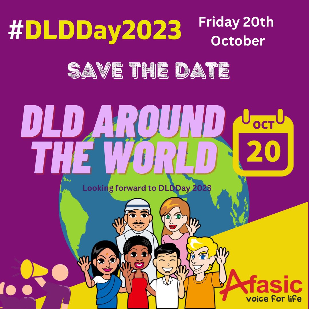 Afasic's tweet photo. DLD day 2023 now has a theme.
DLD Around The World
Please save the date. 20th October 2023
Letβs spread awareness of Developmental Language Disorder.
https://t.co/4jnbciK8Q9
#dld #slcn #devlangdis #afasic https://t.co/jd25Y0jCOm