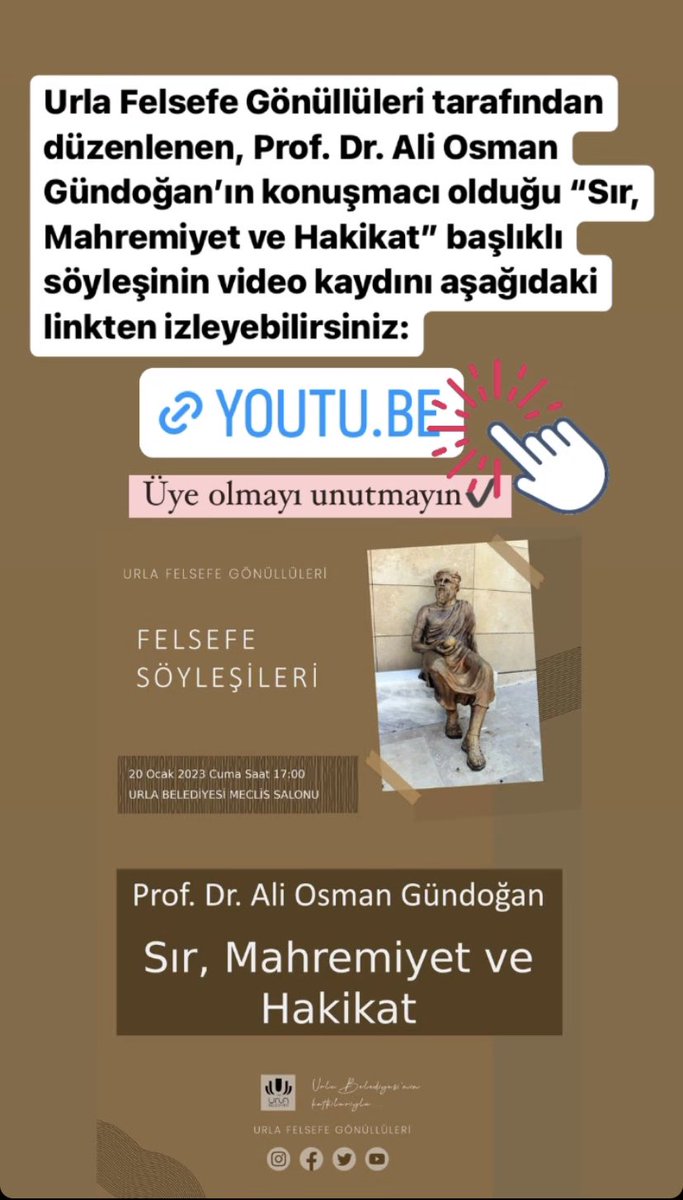 FelsefeUrla's tweet photo. Urla Felsefe Gönüllüleri tarafından düzenlenen, Prof. Dr. Ali Osman Gündoğan’ın konuşmacı olduğu “Sır, Mahremiyet ve Hakikat” başlıklı söyleşinin video kaydını aşağıdaki bağlantıdan izleyebilir ve üye olabilirsiniz:

https://t.co/H6CaZcl1jt

#urlafelsefe #urla #felsefe https://t.co/X3nNfj0Y6y