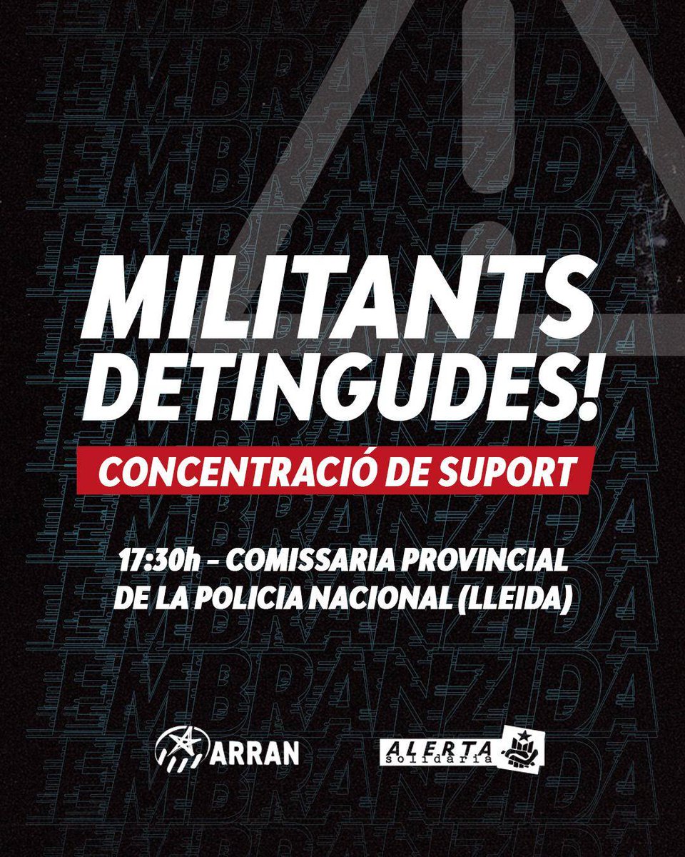 ⚠️⚠️⚠️ Repressió en marxa!

🫂🫂🫂 Solidaritat com a resposta!!!

Concentració a #Lleida en suport a les companyes d'@Arran_jovent !