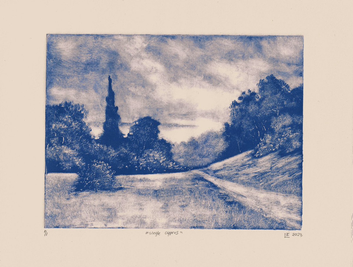 LuisColanArt's tweet photo. “Single Cyprus,” 2023, monotype on Rives Heavyweight paper, image 6 x 8 inches, sheet 8 1/2 x 11 inches
.
.
.
#monotype #print #printmaking #printmaker #landscape #nature #artwork #art #worksonpaper #ink #monotipo #grabado #nycartist #luiscolan #graphicart #luiscolanart https://t.co/OI6j7jWWlj