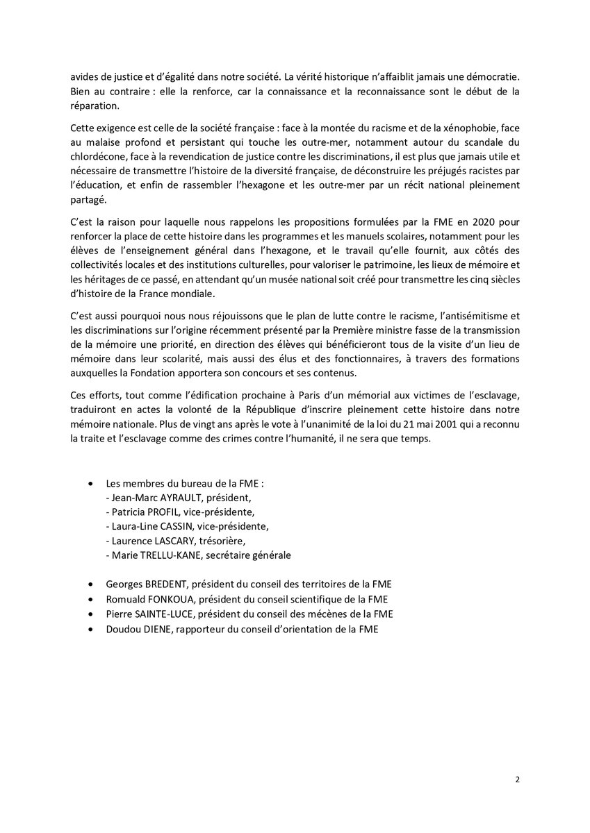 « La mémoire de l’esclavage ne doit jamais être un sujet de polémique. »
Les responsables des instances de la Fondation pour la mémoire de l’esclavage déplorent les propos du ministre de l’Intérieur sur l’histoire de l’esclavage.
Lire la déclaration👇