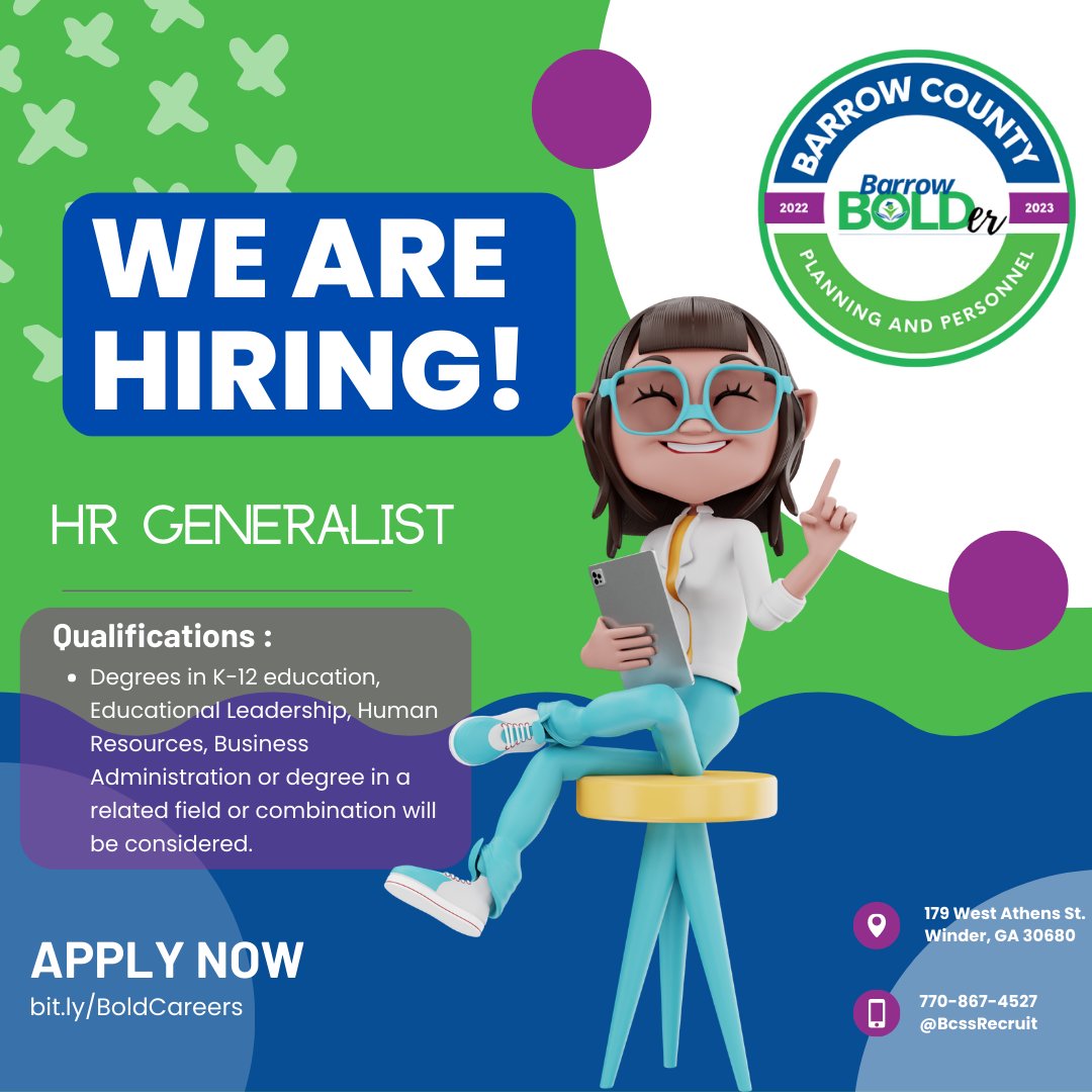 Barrow County Schools is hiring a human resources generalist to support the development, implementation, and administration of HR policies. Learn more about the opportunity here: bit.ly/BoldCareers
