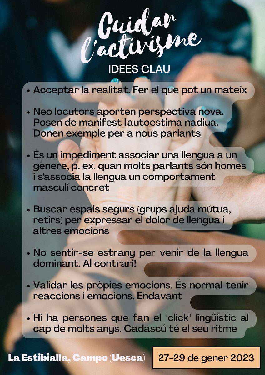 lamarionamiret's tweet photo. Idees que van sorgir a la dinàmica principal del retir "Cuidar l'activisme" amb el grup sencer. Compartir amb la comunitat twitter de llengües✨💓
Perquè cuidar-se també és tenir pensaments més sans, ☝ pensar millor -> viure millor
N'hi ha algun que us agradi/cridi l'atenció? https://t.co/yklUfmzrE3