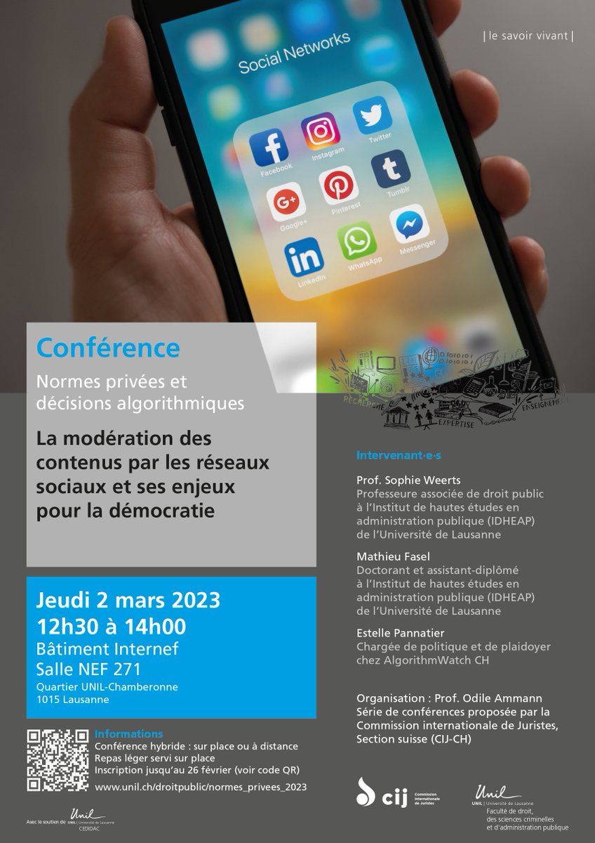 Quelles sont les implications de la modération des contenus par les réseaux sociaux pour les droits humains et la démocratie? Discutez-en avec nous le jeudi 2 mars prochain à la <a href="/FDCA_UNIL/">FDCA UNIL (inactif)</a> ou à distance. Inscriptions jusqu'au 26 février : unil.ch/droitpublic/no… 1/2