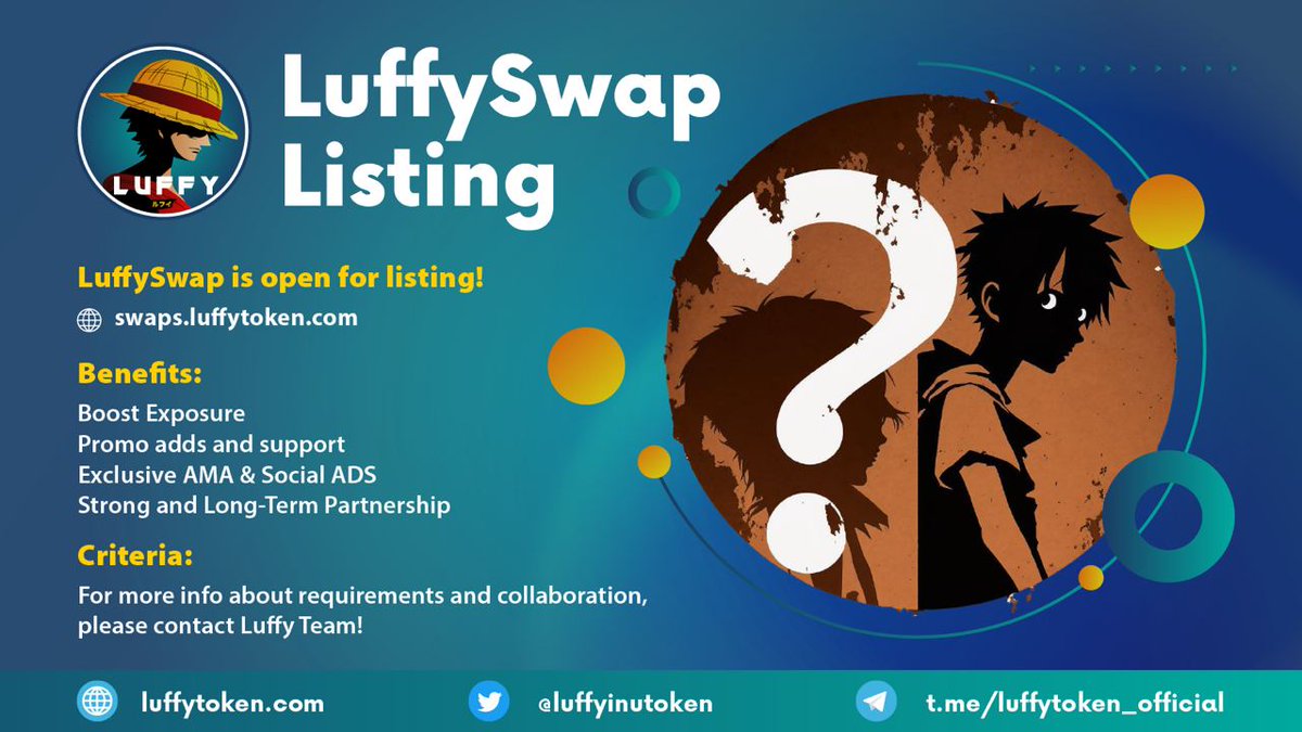 Exciting news! 

All projects are welcome to get listed on #LuffySwap . 
swaps.luffytoken.com

Boost your exposure with promo adds and support, along with exclusive AMA's and social ADS.

 Let's build a strong, long-term relationship! 
#crypto #DeFi   #LuffyToken $LUFFY