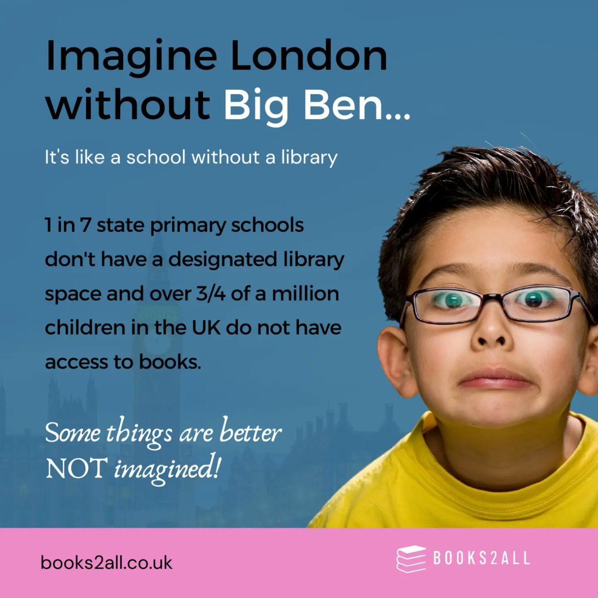 Books2All's tweet image. 1 in 7 state primary schools don&apos;t have a designated library space
and over 3/4 of a million children in the UK do not have access to books. #BetterNotImagined #DonateABook #Books2All