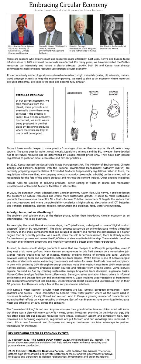 Plenty of examples give confidence that a shift to 🔄 circularity is achievable. In today's 📰#BusinessDaily, @HonTuya, <a href="/NemaKenya/">NEMA Kenya</a>, <a href="/DKambKenya/">Stephan Schønemann 🇩🇰</a> &amp; <a href="/AmbBrouwer/">NL Ambassador Kenya</a> make a case for embracing #CircularEconomy. If these entrepreneurs can find circular solutions, why not all?