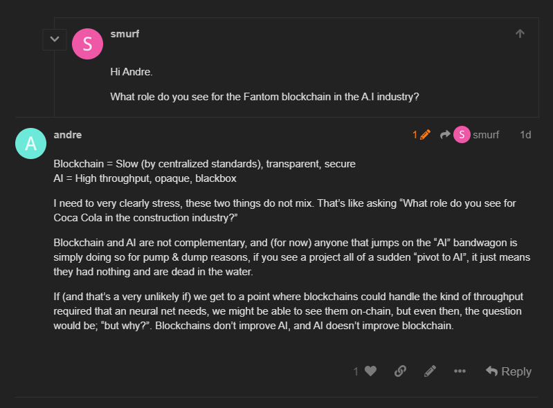 AndreCronjeTech's tweet image. Please stop asking Fantom about AI.

AI and Blockchains don&apos;t mix.

👇