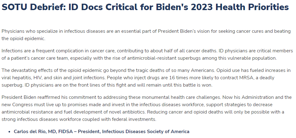 IDSAInfo's tweet photo. Reducing cancer and opioid deaths will only be possible with a strong infectious diseases workforce coupled with federal investments, says IDSA President @CarlosdelRio7 in response to @POTUS's 2023 health priorities.

Our statement: https://t.co/yeZkdp7UUv #ValueofID #SOTU2023 https://t.co/lIZ0bmxETF