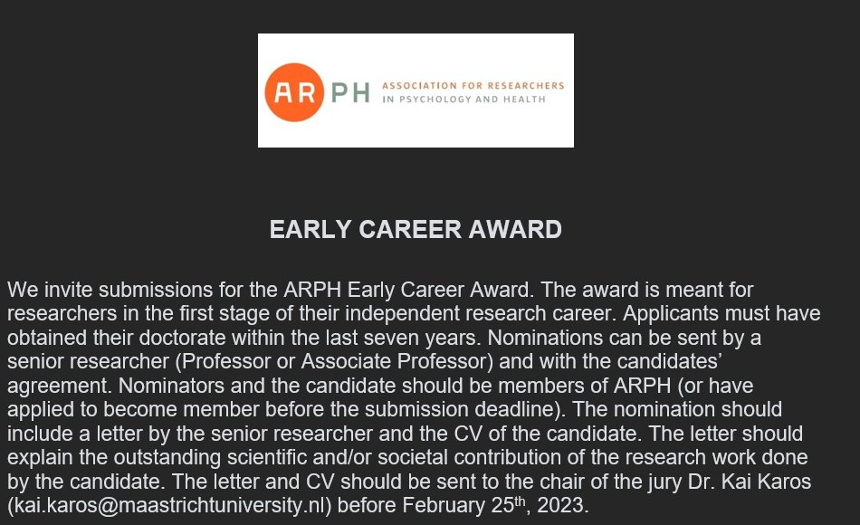 Deadline extended: 

We are still looking for submissions for the #ARPH Early Career Award (#ERC) until February 25th, 2023.

utwente.nl/en/bms/arphcon…
