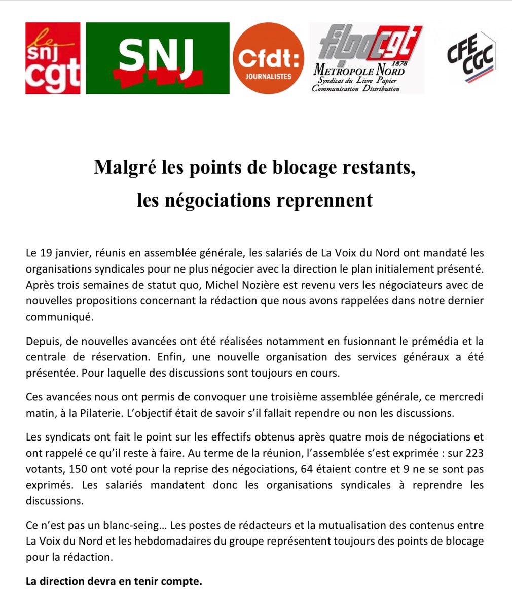 Réunis en AG ce mercredi, les membres de la rédaction ont voté majoritairement la reprise des négociations avec la direction, mais en réaffirmant que des points de blocage subsistent, notamment les fusions de contenus et la création d’un statut de « sous journaliste ».