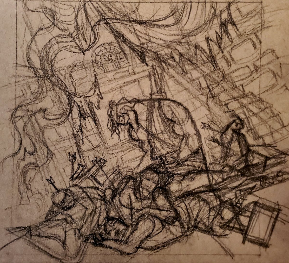 TylerMLockett's tweet image. Work in progress for my Heracles series, "Heracles #3: A fit of Rage." I wanted his pose to convey despair and the color palette to feel very somber, as if hes just come back to his senses. 
#sketchprocess #twitterartist #etsyartist #artprints #illustrationart #artontwitter #pjo