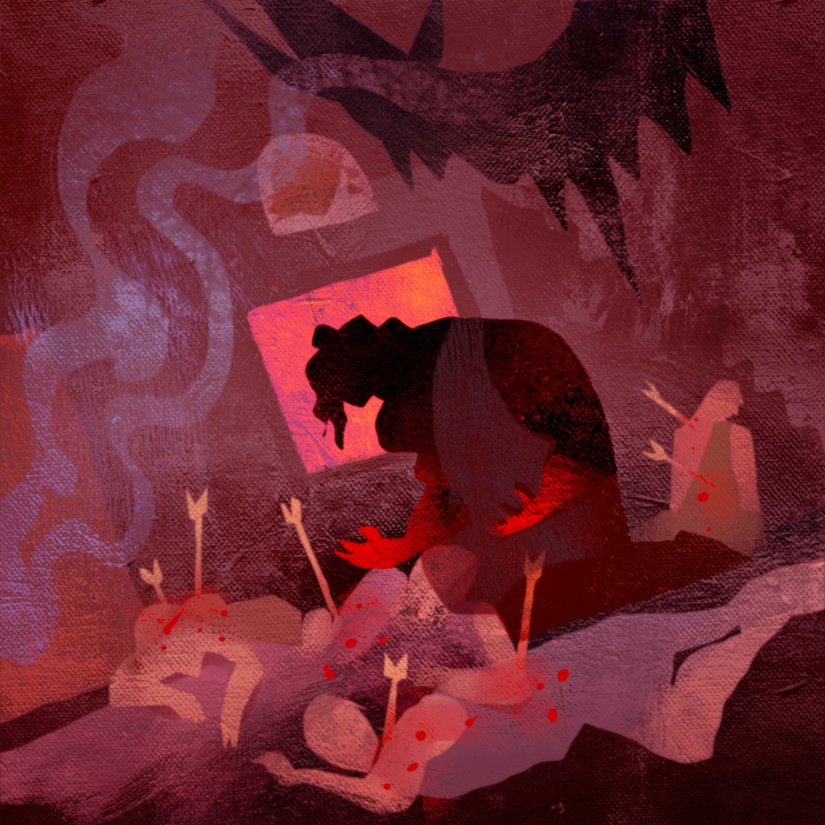 TylerMLockett's tweet image. Work in progress for my Heracles series, "Heracles #3: A fit of Rage." I wanted his pose to convey despair and the color palette to feel very somber, as if hes just come back to his senses. 
#sketchprocess #twitterartist #etsyartist #artprints #illustrationart #artontwitter #pjo