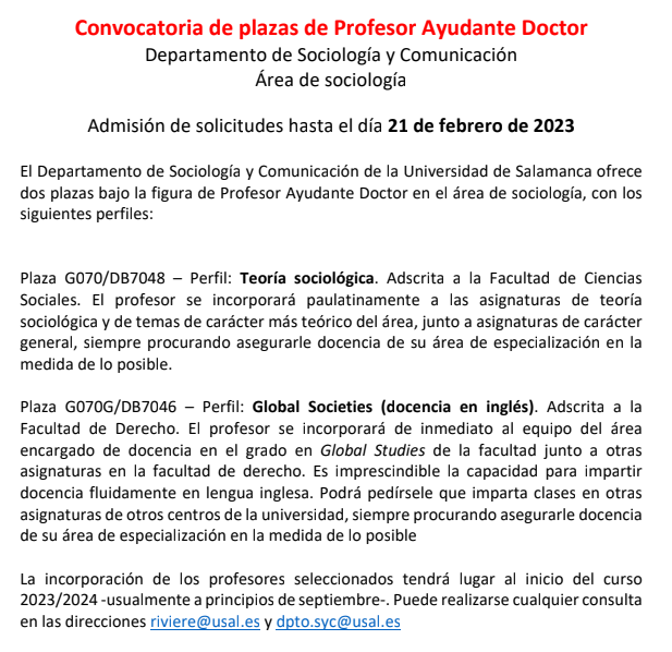 AlbertoPenades's tweet photo. CONVOCATORIA COMPETITIVA "abierta" y urgente (21 de febrero), 2 plazas de Ayte. Doctor en Sociología en @sociocav_usal G070/DB7048 – Perfil: Teoría sociológica; G070G/DB7046 – Perfil: Global Societies (docencia en inglés)
Formalidades: https://t.co/ANTW7ipgR8
Se agradece difusión https://t.co/8vcYM7PWR3