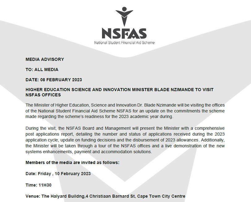 myNSFAS's tweet image. HIGHER EDUCATION SCIENCE AND INNOVATION MINISTER BLADE NZIMANDE TO VISIT NSFAS OFFICES