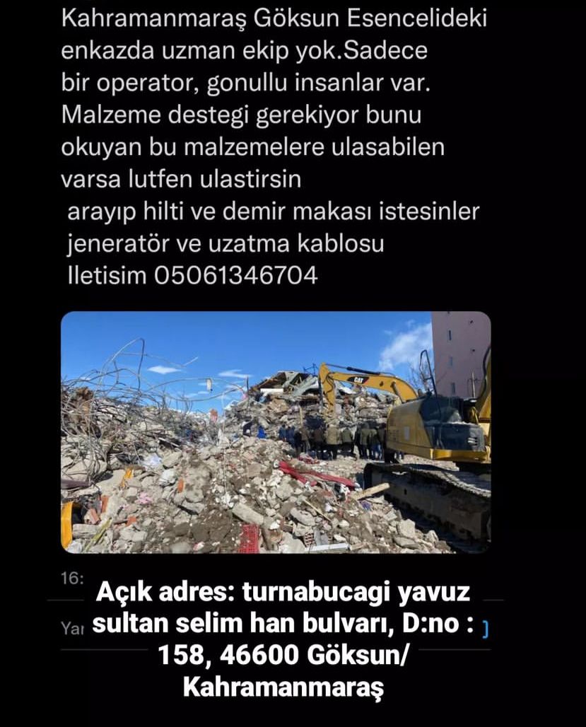 sedeffyavuz's tweet photo. Kazma kurek gonullu ekip lutfen lutfen
  Açık adres: turnabucagi yavuz sultan selim han bulvarı, D:no : 158, 46600 Göksun/Kahramanmaraş
Esenceli anturkler et lokantasi 
#afad #kahramanmarasdepremi #MARAS  #goksun #göksun https://t.co/YGPR15kOzr