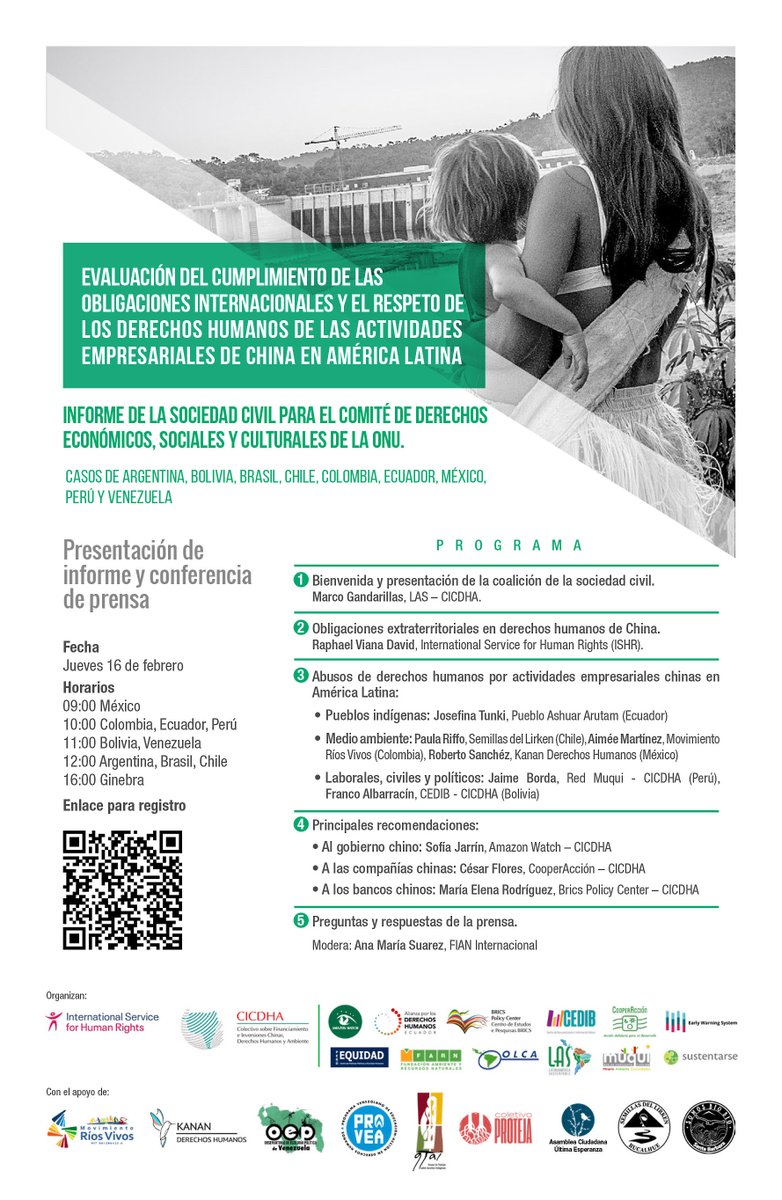 DDHH_Alianza's tweet photo. 📌EVENTO INTERNACIONAL | “Evaluación del cumplimiento de las obligaciones internacionales y el respeto de los derechos humanos de las actividades empresariales de China en América Latina”

🗓️#16Feb▶️16pm🇨🇭; 9 am 🇲🇽; 10 am🇨🇴 🇵🇪 🇪🇨; 11 am 🇧🇴🇻🇪; 12 pm 🇦🇷🇧🇷🇨🇱

📲FBlive @Cedhu @omasne https://t.co/w2JVyafPkv