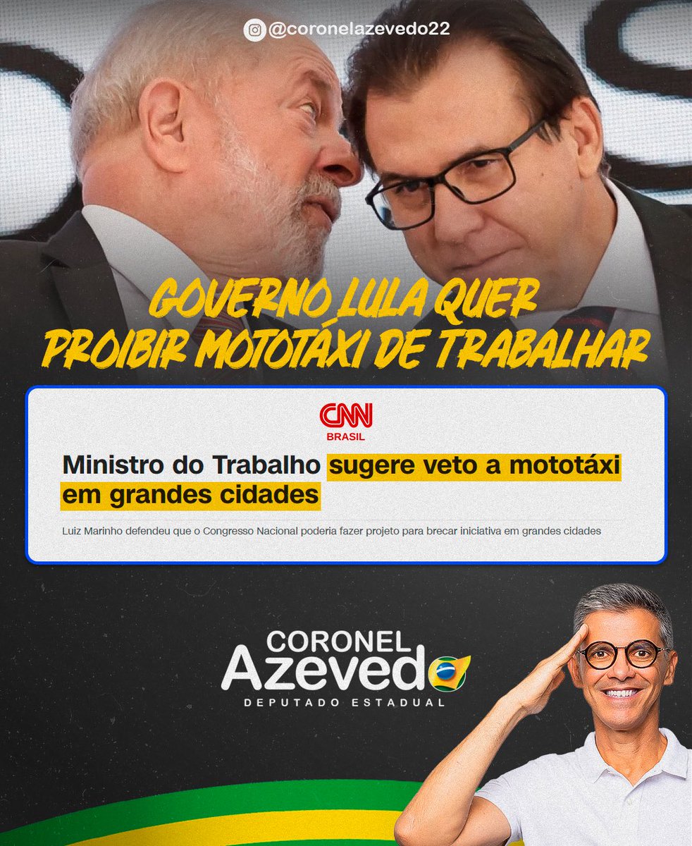 AzevedoCoronel's tweet photo. GOVERNO LULA QUER PROIBIR MOTOTAXISTAS DE TRABALHAREM
#Desfazueli #PTsendoPT #PTnuncaMais #Lamentável https://t.co/NOr79wU5l7