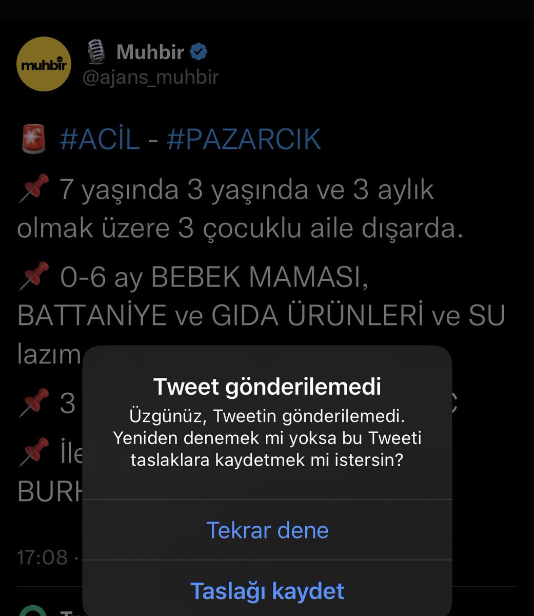 ajans_muhbir's tweet photo. Twitter kısıtlaması yardım ihtiyaçlarının duyurulmasını engelliyor.

#yardımıhızlandır https://t.co/a3LpOUMnJy