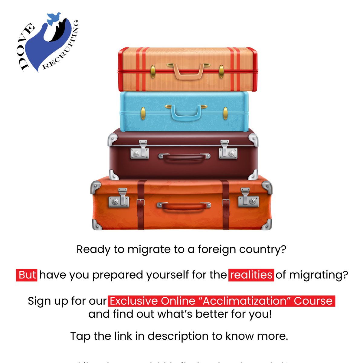DoveRecruiting's tweet photo. Migrating to a Foreign Country should not be stressful.

Which is why we recommend preparing yourself for the realities of migrating.

Sign up for our Exclusive "Acclimatization" Course and find out what's better for you!

#migrating #Immigrants #onlinecourse #Trending https://t.co/flLlKc4AxS