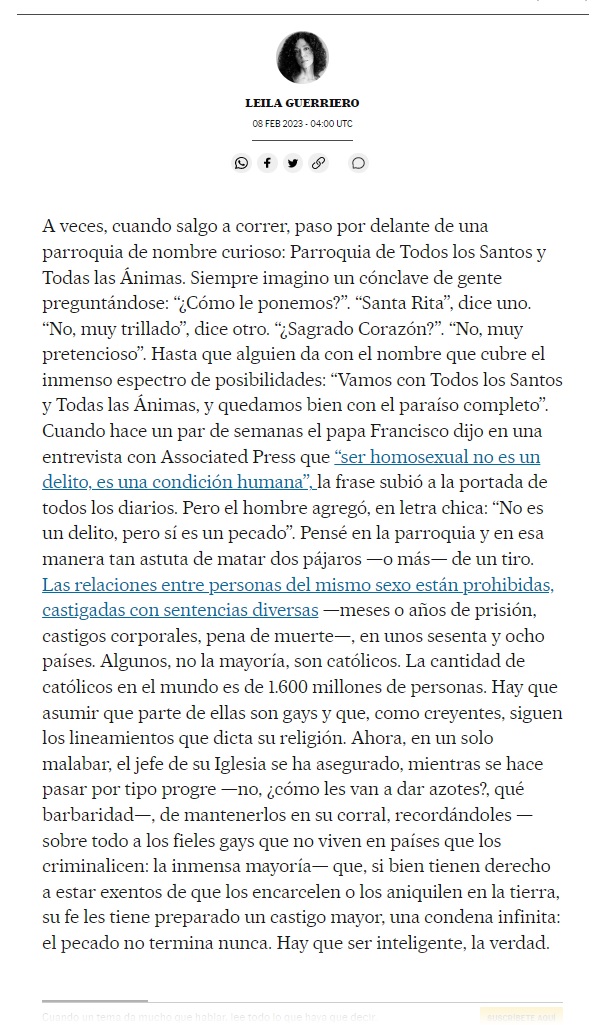 leilaguerriero2's tweet photo. "El Papa se ha asegurado de mantener a los gays católicos en su corral, si bien tienen derecho a estar exentos de que los aniquilen en la tierra, su fe les tiene preparado un castigo mayor, una condena infinita". No es delito, la columna de Leila de hoy vía @elpais_america https://t.co/TCxno2OP92