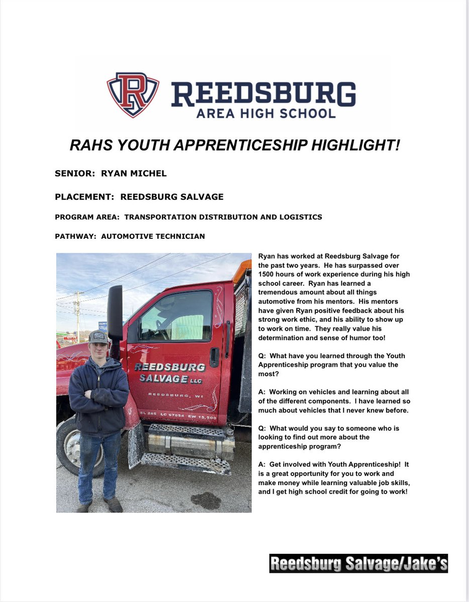 DaveAnliker's tweet photo. Youth Apprenticeship Highlight!  Congratulations Ryan Michel!!  #ReedsburgPride https://t.co/EHjvs7UCeZ