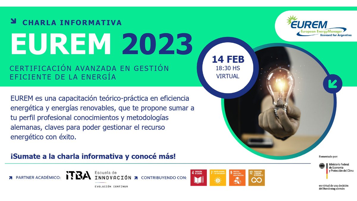 ahkargentina's tweet photo. ♻️ ¿Querés convertirte en un/a experto/a en gestión eficiente de la energía? Con #EUREM, adquirirás las herramientas para liderar proyectos de #eficienciaenergética y #energíasrenovables en tu empresa o emprendimiento.
👉 Sumate a la charla informativa:
https://t.co/5Gx0Jrrd0x https://t.co/LOruJ2Djka