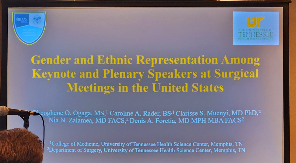 Oke Ogaga, 4th year @uthsc medical student brilliantly presents our research on gender and ethnic representation of keynote and plenary speakers at national surgical meetings. Bottomline: Blacks, Asians, and Latinos remain very underrepresented. #ASC2023 @oogaga22 @SurgeryUTHSC