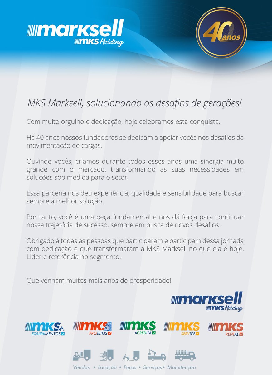 MKSMarksell's tweet photo. MKS Marksell, solucionando os desafios de gerações!

Que venham muitos mais anos de prosperidade!

#logistica #cargaedescarga #caminhao #caminhoneiro #caminhoneiros
#logistica #transportadora #movimentaçãodecargas #cargaedescarga #processoslogisticos #marksell https://t.co/gwPdG1IaHW