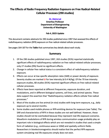 MicrowaveNews's tweet photo. New survey of papers on #RF &amp; #freeradical-related cellular processes by Henry Lai: 
Of 290 published since 1997, 263 (91%) saw stat sign effects —only 27 studies did not.
Of 70 with SAR ≤0.4 W/Kg, 68 saw ss effects.
This is a “consistent” effect of RFR.
https://t.co/9o4JOAJuOz https://t.co/bTn8gNKWUx