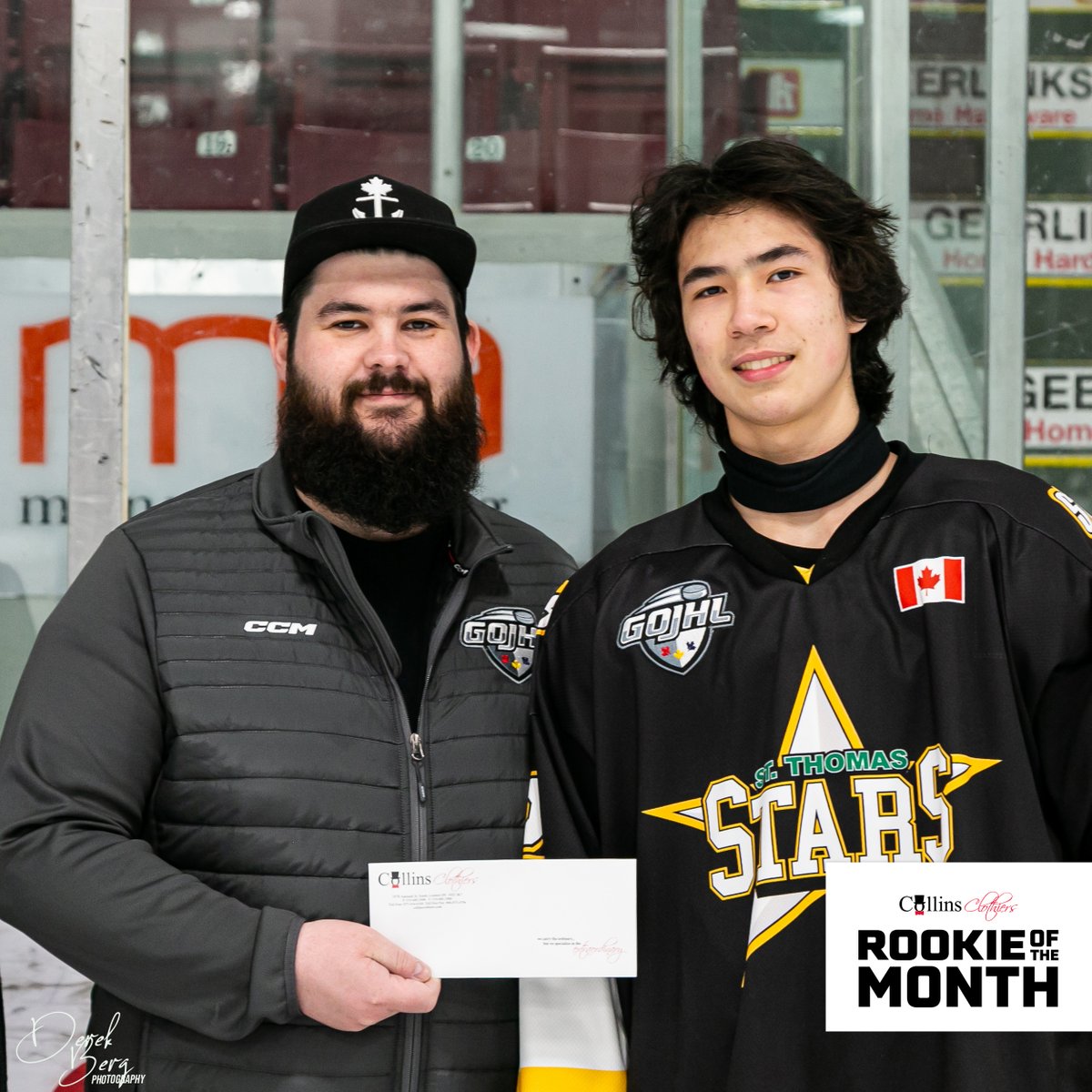 Phil den Hollander, the GOJHL's Director of Creative and Design , recently presented the @collinsclothiers Rookie of the Month with a gift certificate from our wonderful sponsor. Congratulations to William Nichol of the St. Thomas Stars!
@stthomasstarsofficial  @GOJHL