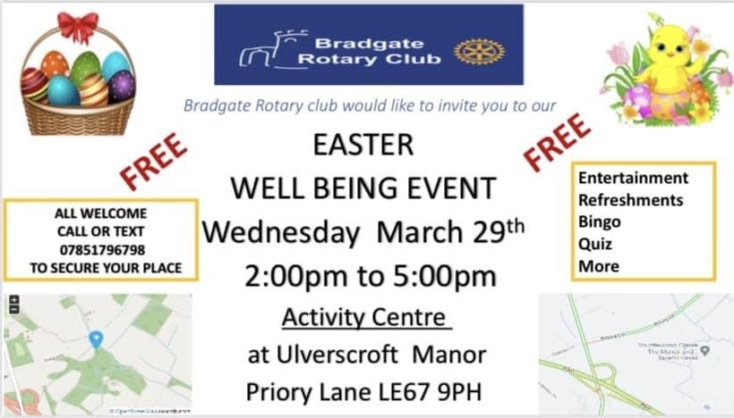 Been feeling a bit isolated recently and live in #Groby #Markfield #Anstey #Glenfield #Ratby or #Newtownlinford ?Come along to our Easter Well-being event. It’s at Ulverscroft Manor on March 29th 2-5pm ⁦<a href="/ShuttlewoodC/">Shuttlewood Clarke Foundation</a>⁩ call or text to book your place 07851 796798