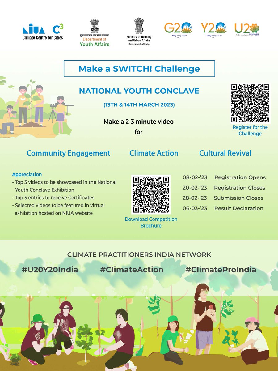Make a SWITCH! Challenge #U20 & #Y20 secretariats, with support from the @MoHUA_India and Ministry of Youth Affairs & Sports, are hosting a National Youth Conclave to bring together young minds to deliberate on the U20 & Y20 priority areas and foster bright leaders of tomorrow.