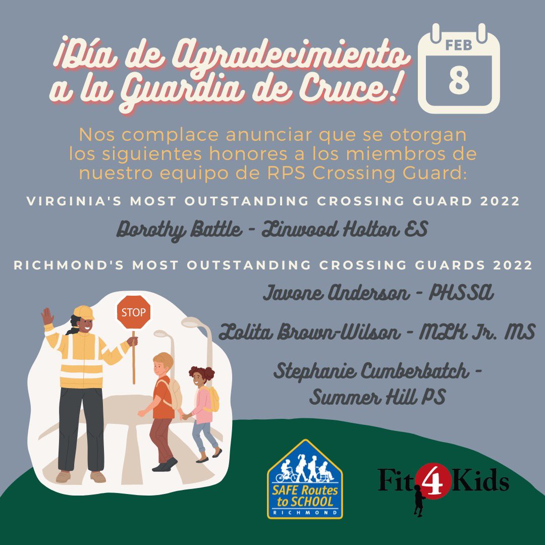 Happy Crossing Guard Appreciation Day! We are pleased to share the three RPS Crossing Guards who are being awarded the honor of being one of Richmond's Most Outstanding Crossing Guards of 2022!