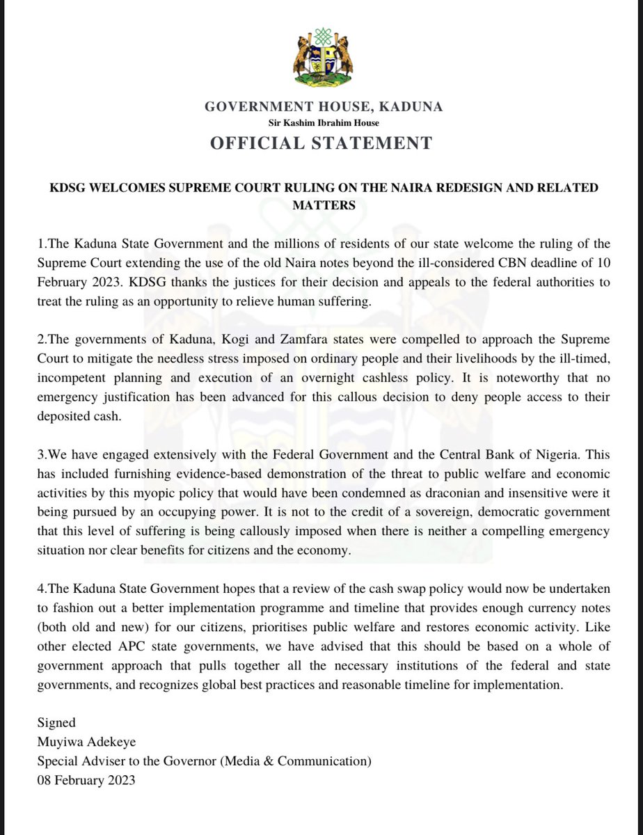 KDSG welcomes the ruling of the Supreme Court extending the use of the old naira notes beyond the ill-considered CBN deadline. We thank the justices for their decision and appeal to the federal authorities to welcome the ruling as an opportunity to relieve human suffering.