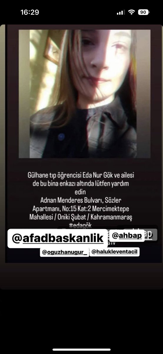 ‼️Binadan sesler geldiği söyleniyor. ‼️
Gülhane Tıp öğrencisi EDA NUR GÖK ve ailesi bina enkazı altında lütfen yardım edin.
Adnan Menderes Bulvarı,Sözler Apartmanı, No19 Kat2 Mercimektepe Mahallesi/OnikiŞubat/Kahramanmaraş <a href="/AFADBaskanlik/">AFAD</a> <a href="/haluklevent/">Haluk Levent ( Ahbap Ekibi )</a> #kahranmaras #deprem #maraş