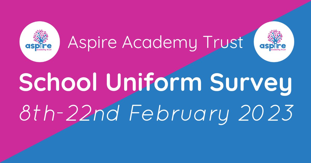 ‼️SCHOOL UNIFORM SURVEY‼️ Our trust is undertaking an audit of school uniform to form a clear Aspire Uniform Policy,  in line with new Education Act '21. Please click link below for 2 min survey.  Closes 5pm on 22nd Feb.  forms.office.com/Pages/Response…