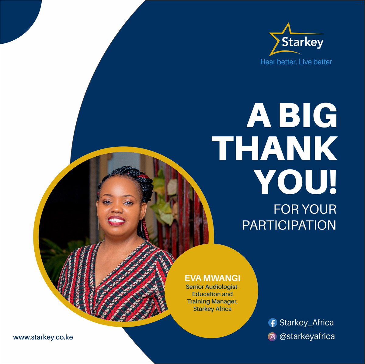StarkeyAfrica's tweet photo. Thank you for sharing your wisdom with us at the recently concluded @StarkeyAfrica webinar on "Almost everything you need to know about  #tinnitus" 
#taw2023; #tinnitusawarenessweek; #HearBetterLiveBetter https://t.co/p276RQ3uMD