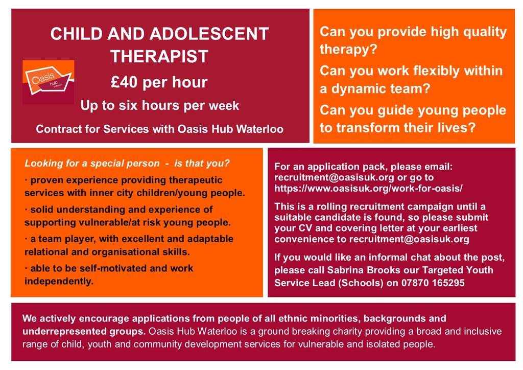 Looking for a wonderful person who is also a Child & Adolescent Therapist to join the amazing @OHWYouth team. Please RT/share etc. Ta.