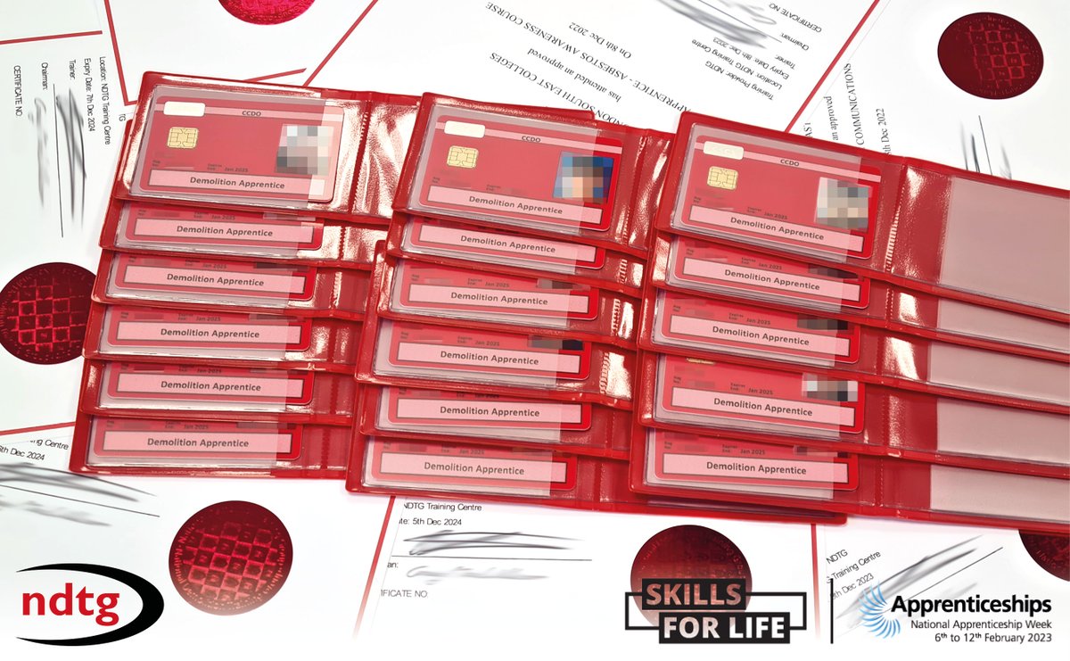 NDTG_Ltd's tweet photo. Over the course of their induction week, the @LSEColleges #trailblazer #apprentices undertook seven modules to achieve their #CCDO Demolition Apprentice cards! 💪

The cards are being sent out today along with all the certificates earned so far. https://t.co/hBi3QtJbhE