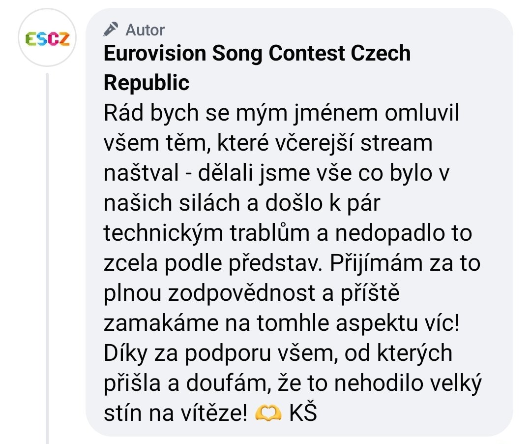 MiraMulko's tweet photo. @tryugvi Actually this is what the Head of the delegation wrote on Facebook page. He is writing, that he is apologizing to everyone, who got mad from the yesterday stream and that there were some technical difficulties and that he hopes that it won't throw any shade on the winner https://t.co/golDBtOiff