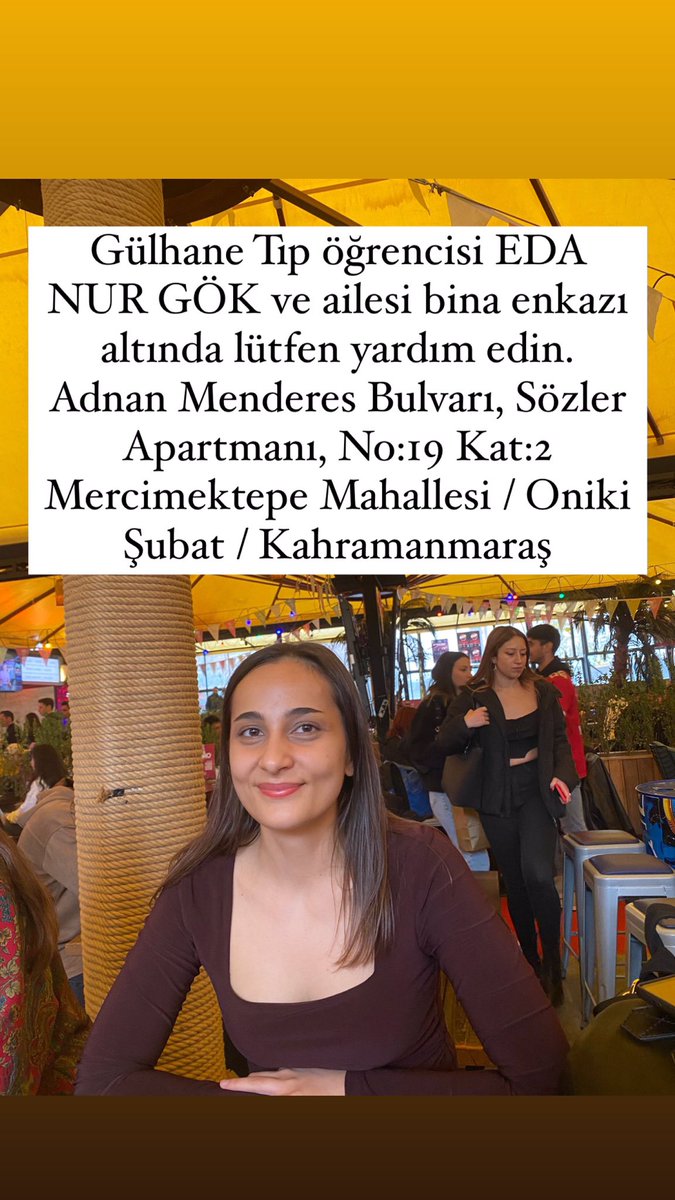 DuslemCerenn's tweet photo. @wannartcom SESLER VARMIŞ LÜTFEN YARDIM EDİN⚠️ 
Gülhane Tıp öğrencisi EDA NUR GÖK ve ailesi bina enkazı altında lütfen yardım edin.
Adnan Menderes Bulvarı,Sözler Apartmanı, No19 Kat2 Mercimektepe Mahallesi/OnikiŞubat/Kahramanmaraş 
#edagök 
@AFADBaskanlik @haluklevent @BabalaTv @OguzhanUgur https://t.co/ulDcVaA0RW