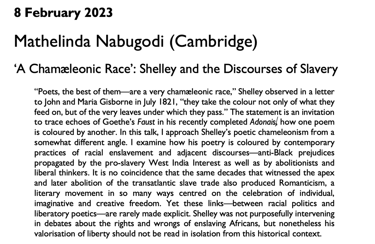 QMCECS Seminar tonight: Mathelinda Nabugodi (Cambridge) on Shelley and the discourses of slavery. In-person at Mile End, or online, 5.15-7pm. More info and sign-up here: qmul.ac.uk/sed/english/re…