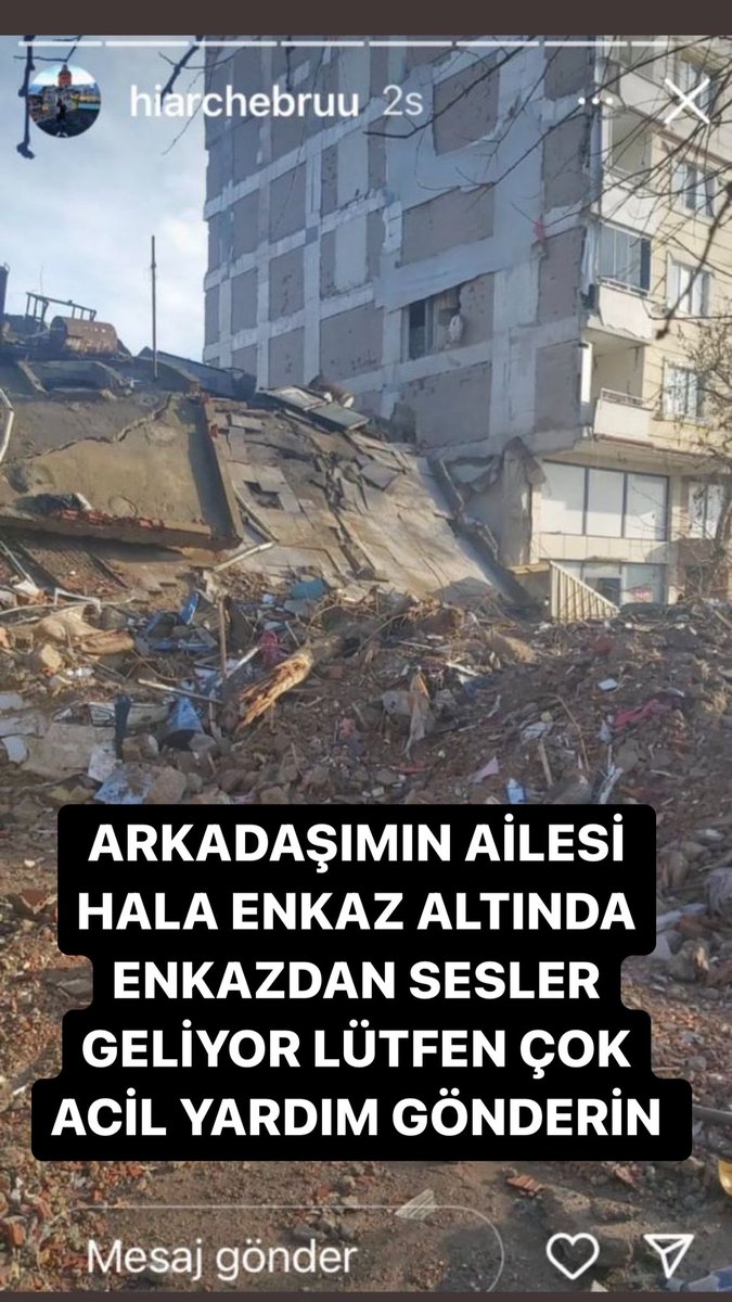 alperalif's tweet photo. Sandalzade bulvarı Hayrullah mahallesi Hamdibey apartmanı Oniki Şubat KAHRAMANMARAŞ !!!ENKAZDAN SES GELİYOR!!!  YERHAN AİLESİ!!
YAKINDA BİRİLERİ VARSA EKİP VARSA LÜTFEN ACİL YARDIM GÖNDERİN GEÇEN HER DAKİKA ZARARIMIZA İŞLİYOR https://t.co/SvIreL42m3