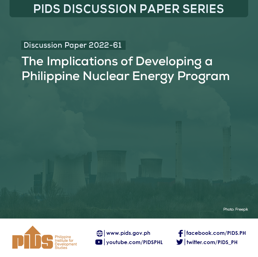 pidsgovph's tweet photo. #PIDSDiscussionPaperSeries: The Implications of Developing a Philippine Nuclear Energy Program (DP 2022-61) 

Read here: https://t.co/7LFHmeSwy6

@DOEgovph @iaeaorg @DOSTphl @DOHgovph @DBMgovph https://t.co/BdVvfCmJhG