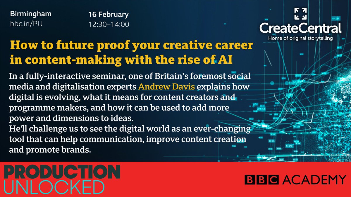 In an immersive #ProductionUnlocked + <a href="/CreateCentralUK/">Create Central</a> masterclass, social marketing maestro <a href="/andrew_davis/">Andrew Davis</a> dives into the digital revolution, exploring the opps for content creators to add creative dimensions to programme ideas.

16/02 • Book here today: bbc.in/PU