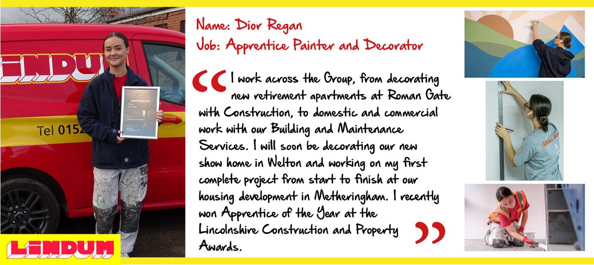 Dior joined us in 2021 as a student at <a href="/lincoln_college/">Lincoln College</a>  and has since won Apprentice of the Year at the Lincolnshire Construction and Property Awards and was a finalist at the SkillBuild national championships. 

Read more about her awards here: lindumgroup.com/news/double-su…

#NAW2023