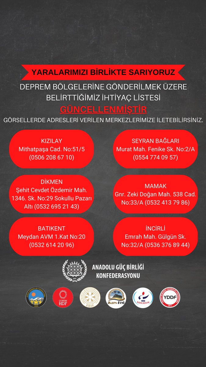 AnadoluGuc's tweet photo. Kıymetli ANA-GÜÇ Ailesi,
Deprem bölgelerine gönderilmek üzere belirttiğimiz ihtiaç listesi GÜNCELLENMİŞTİR.
Görsellerde adreslerini verdiğimiz toplama merkezlerimize iletebilirsiniz.

Anadolu Güç Birliği Konfederasyonu https://t.co/tWPY5MUBE2
